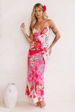 Floral Print V Neck Vacation Cami Maxi Dresses-Pink