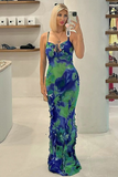 Abstract Floral Print Tie Up Slim Fit Ruffled Maxi Slip Dresses-Blue