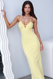 Plunge Neck Spaghetti Strap Slim Fit Jacquard Maxi Dresses-Yellow