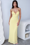 Plunge Neck Spaghetti Strap Slim Fit Jacquard Maxi Dresses-Yellow