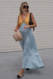 V Neck Colorblock A-Line Maxi Tank Dresses-Green