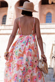 V Neck Backless Quilted Floral Print Vacation Maxi Slip Dresses