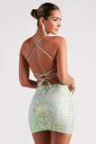 Boat Neck Bodycon Open Back Sequin Pattern Party Mini Slip Dresses-Green