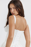 A-line White Boat Neck Tied Up Cami Backless Lace Up Pleated Embroidery Hem Mini Dresses