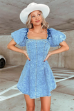 Square Neck Puff Sleeve A-Line Denim Mini Dresses-Blue