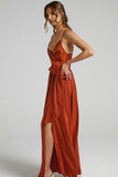 V Neck Knotted Split Gown Slip Maxi Dresses