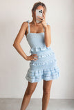 Square Neck Ribbon Sleeveless Ruched Ruffle Mini Dresses-Blue