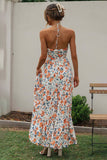 V Neck Halter Floral Print Ruffle Hem Vacation Maxi Dress