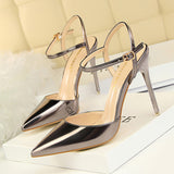 Burnished Plain Pointy Toe Ankle Strap Buckle Stiletto Heels