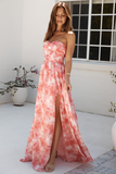 Floral Print Strapless High Slit Flowy Hem Maxi Dresses-Red