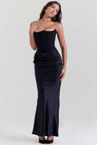 Elegant Strapless Patchwork Formal Party Fishtail Maxi Dresses-Black