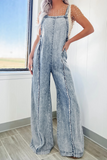 Denim Raw Edge Wide Leg Overalls-Blue