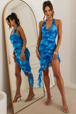 Tie Dye Deep V Neck Halter Slim Fit Ruched Ruffled Mini Dresses-Blue