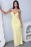 Plunge Neck Spaghetti Strap Slim Fit Jacquard Maxi Dresses-Yellow