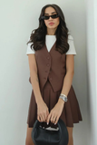 Solid Color V Neck Button Up Waistcoat Pleated Mini Skirt Matching Set-Brown