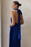 Halter Tied Up Cutout Neck Pleated Backless Asymmetric Hem Wedding Guest Maxi Dresses