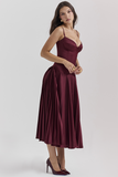 Irregular Neck Corset A-Line Pleated Hem Satin Slip Midi Dresses-Burgundy