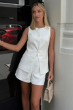 Solid Color Round Neck Button Up Slit Waistcoat Shorts Matching Set-White