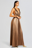 Deep V Neck Backless Pleated Wide Leg Bronzing Jumpsuit-Gold