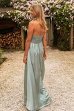 3D Flower Decor High Collar Halter Slit A-Line Maxi Dresses-Green