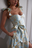 Floral Pattern Ruffled Strap Corset Tie Up Bow Slit A-Line Midi Dresses-Blue