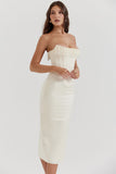 Beads Pearls Fringed Trim Strapless Corset Bodycon Midi Dresses-White