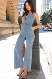 Lapel Collar Sleeveless Pocket Denim Flare Leg Jumpsuit-Blue