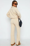 Turndown Collar Long Sleeve Sweater Plain Pants Matching Set-Beige