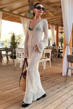 Textured Crochet V Neck Flare Sleeve Slim Fit Cover Ups Maxi Dresses-White