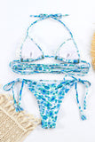 Lace Trim Halter Bikini Top Tie Up Paisley Print Bikini Set-Blue