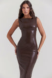 Faux Leather Bodycon Maxi Tank Dresses-Brown