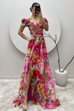 Floral Print Off Shoulder Ruched Slit Maxi Dresses-Fuchsia