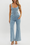 Square Neck Corset Front Zip Flared Leg Denim Strappy Jumpsuit-Blue