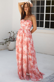 Floral Print Strapless High Slit Flowy Hem Maxi Dresses-Red