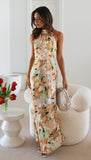 Floral Print Halter Backless Flowy Vacation Maxi Dresses