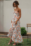 V Neck Halter Floral Print Ruffle Hem Vacation Maxi Dress