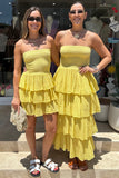 Smocking Tiered Layered Sleeveless Plain Tube Maxi Dresses-Yellow