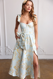 Floral Pattern Ruffled Strap Corset Tie Up Bow Slit A-Line Midi Dresses-Blue