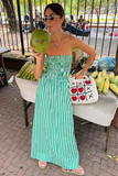 Striped Pattern Cinch Waist Vacation Maxi Tube Dresses-Green