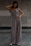 V Neck Waistcoat Plain Wide Leg Pants Matching Set-SlateGray