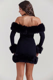 Off Shoulder Long Sleeve Faux Fur Cuff Trim Cocktail Party Bodycon Mini Dresses-Black