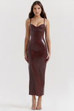 PU Leather Cami Bodycon Cocktail Party Midi Dresses-Brown