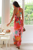 Floral Print V Neck Backless Side Slit Sleeveless Maxi Dresses-Red