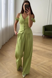 Ruched Dropped Shoulder V Neck Waistcoat Wide Leg Pants Matching Set-Green