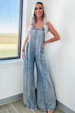 Denim Raw Edge Wide Leg Overalls-Blue