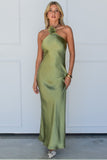 Halter Rosette Decor Open Back Slim Fit Satin Maxi Dresses-Green