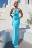 Plunging Cowl Neck Rhinestone Backless Lace Up Maxi Dresses-Blue