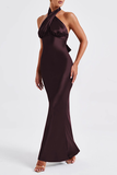 Cross Halter Bodycon Tie Up Open Back Gowns Maxi Dresses-Navy