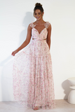 Ditsy Floral Print Frill Straps Backless Tulle Gowns Maxi Dresses-Pink