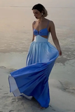 Gradient Color Cutout Open Back Shirred Maxi Strappy Dresses-Blue